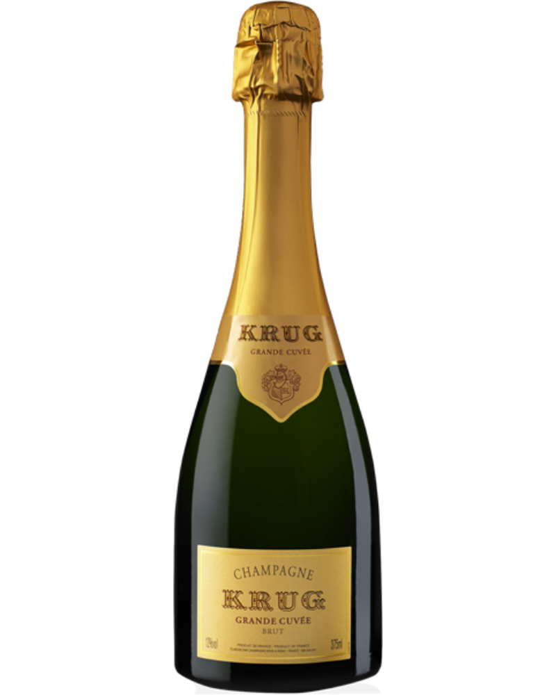 Flasche Maison Krug Grand Cuvée Édition 173 Schaumwein mit goldener Etikette und eleganter Flasche auf weißem Hintergrund