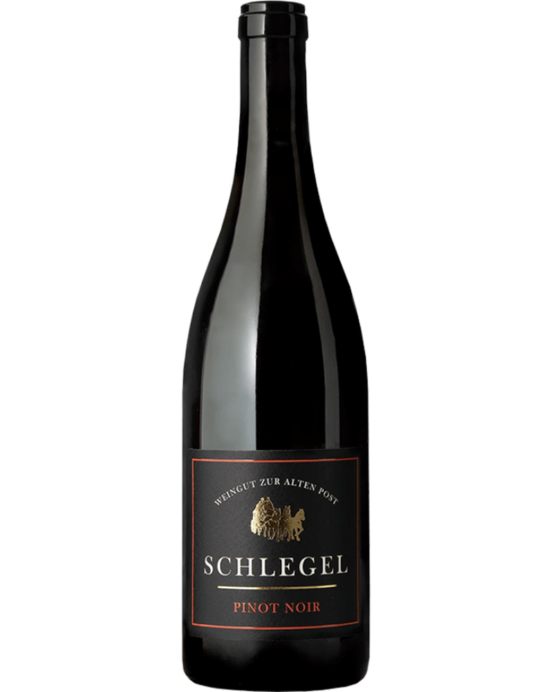 Jeninser Pinot Noir 2023 Rotwein von Georg Schlegel in einer Weinflasche mit einem dunkelroten Etikett.