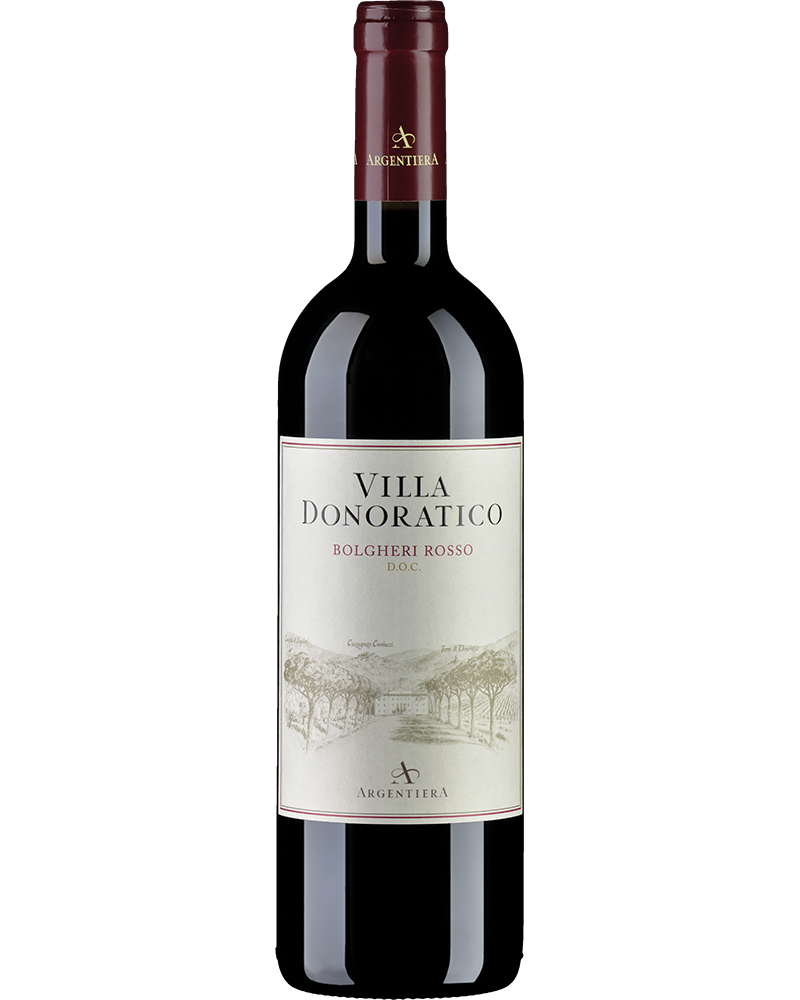 Bordeaux-ähnlicher Rotwein Villa Donoratico Argentiera Bolgheri 2022 in einer Weinflasche auf einem Holztisch.