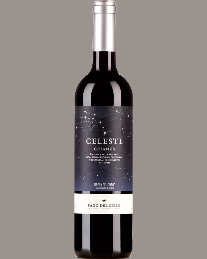 Pompejanischer Rotwein Celeste Crianza 2022 von Pago del Cielo, dunkle Rotweinflasche mit eleganter Etikettgestaltung