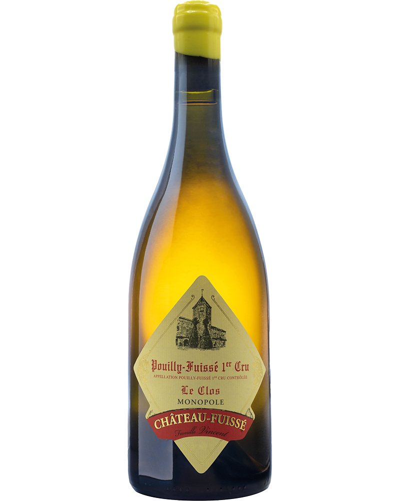 Château-Fuissé Pouilly Fuissé 1er Cru 2023 Weißwein in einem Glas, hellgelbe Farbe, elegante Flasche im Hintergrund