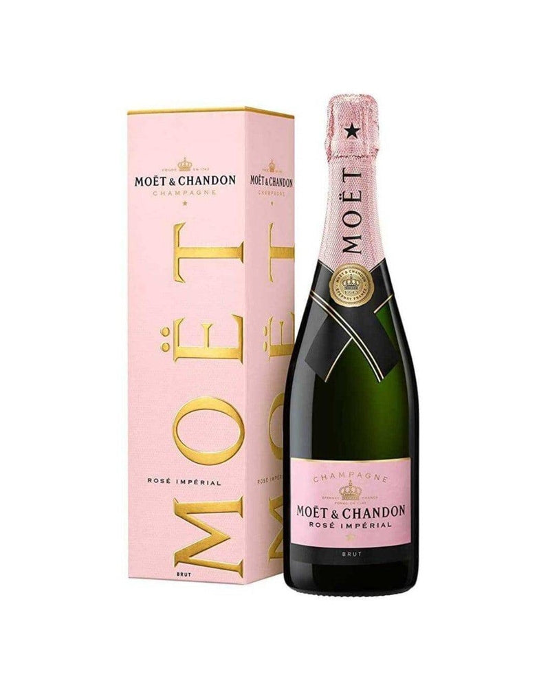 Flasche Moët & Chandon Rosé Impérial Schaumwein mit goldener Etikette und rosafarbenem Schaumwein in eleganter Flasche.