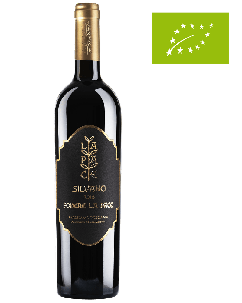 Podere La Pace Silvano 2018 Rotwein aus Maremma Toscana DOC, dunkle Weinflasche mit Label und Weinfarbe sichtbar