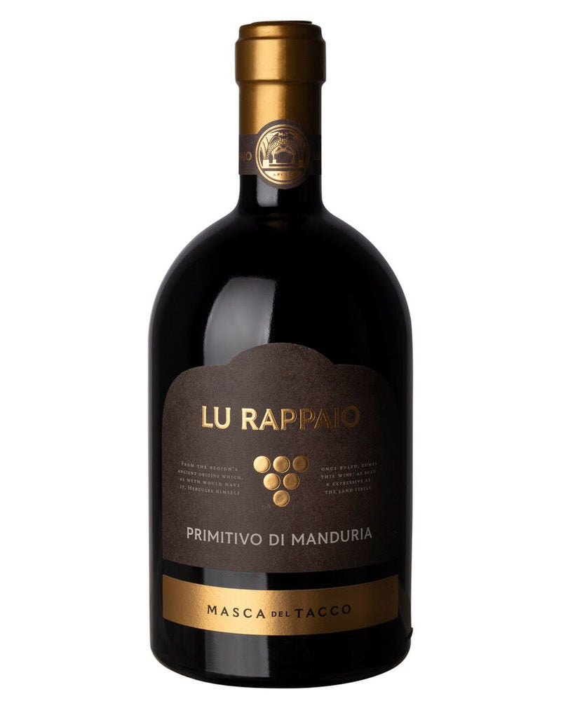 Primitivo di Manduria Lu Rappaio 2022 Rotwein von Masca del Tacco, dunkle Weinflasche mit Etikett und Weinfarben im Glas.