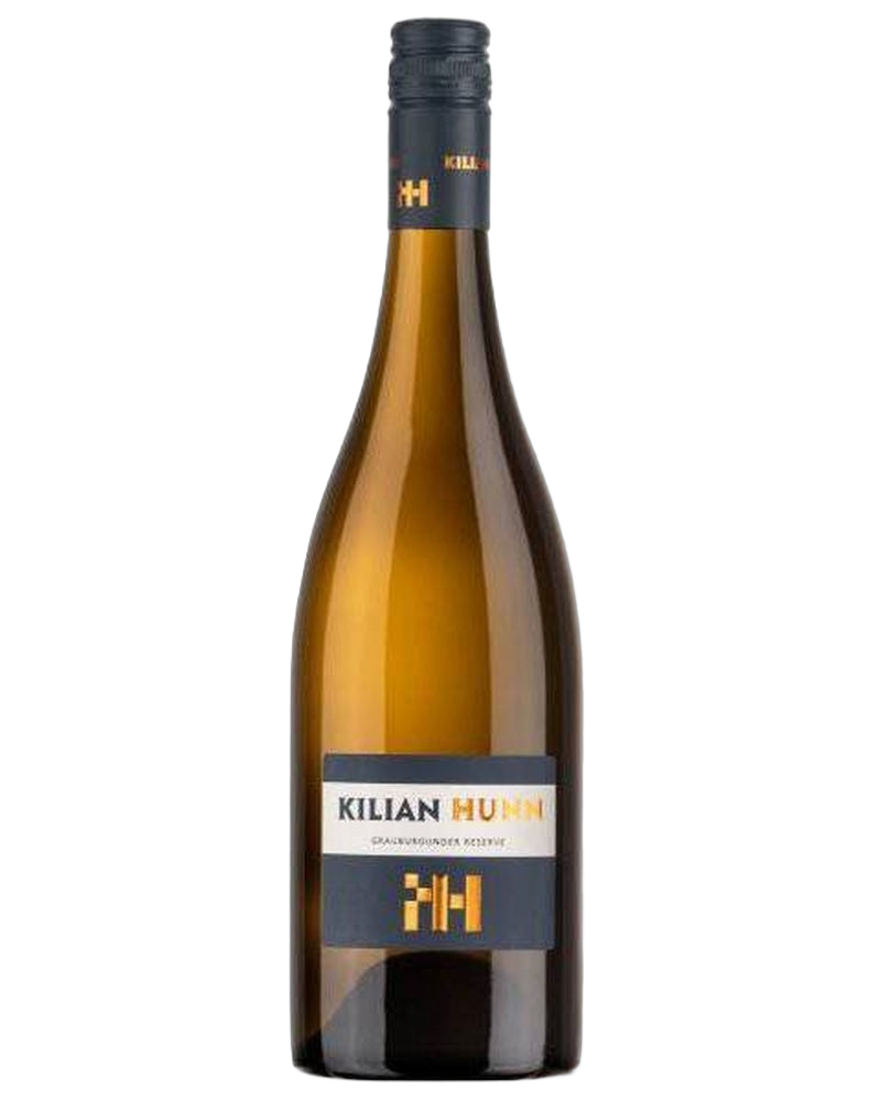Grauer Burgunder trocken "RESERVE" 2016 von Kilian Hunn, weißer Wein in eleganter Flasche, Nahaufnahme, helles Weinglas.