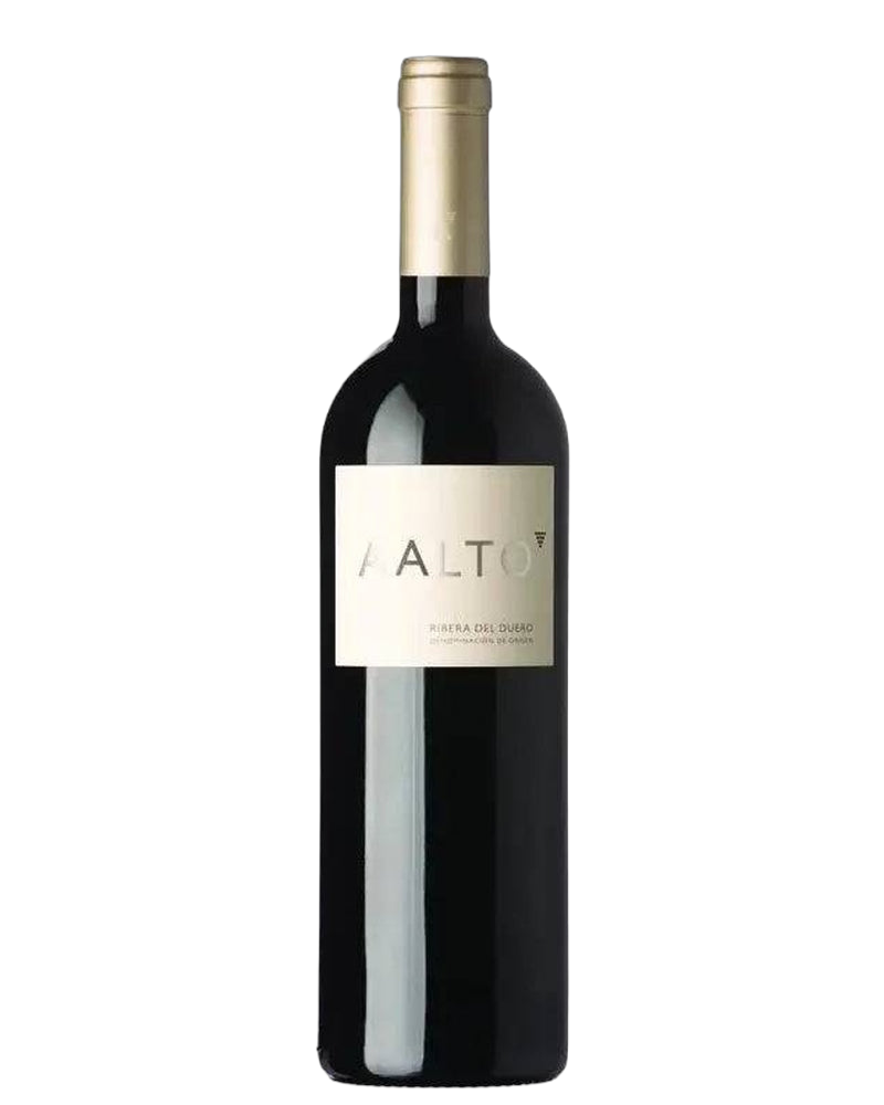 Bodegas Aalto Aalto 2022 Magnum Rotwein in einer Flasche mit dunklem Rotwein im Glas, elegante Weinflasche vor neutralem Hintergrund