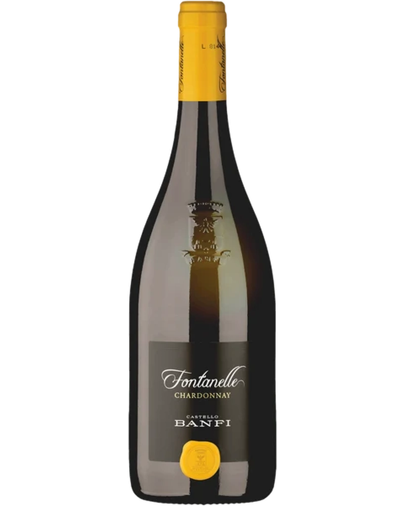 Weißwein Fontanelle Toscana IGT 2024 von Castello Banfi, Flasche mit elegantem Etikett auf einem Weinglas.