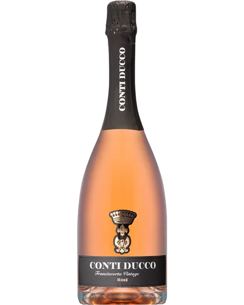 Conti Ducco Franciacorta Vintage Rosé 2016 Schaumwein in einer eleganten Flasche mit rosafarbenem Etikett, ideal für besondere Anlässe