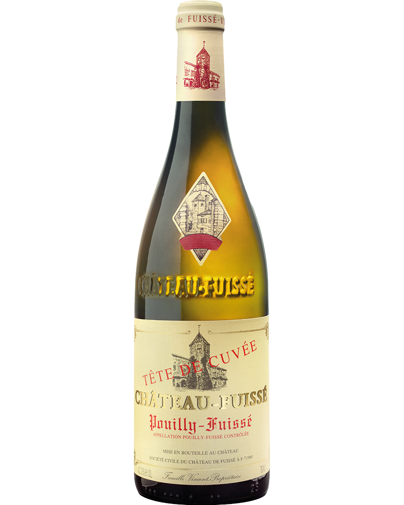 Château-Fuissé Pouilly Fuissé Tête de Cuvée 2023 Weißwein, klare Flasche mit goldgelbem Wein im Weinglas