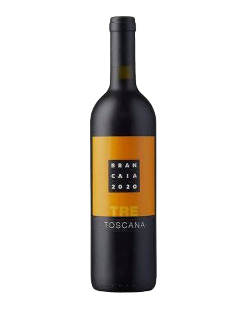 Brancaia Tre Toscana IGT 2024 Rotwein in einer Weinflasche mit Etikett und Weinfarbe in einem Glas.