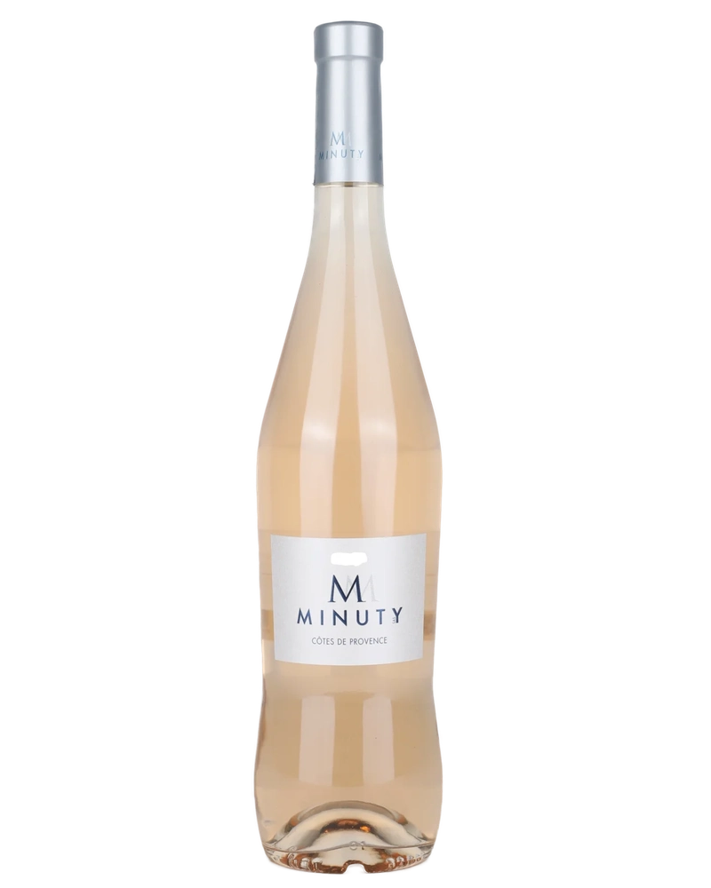 Roséwein Château Minuty M de Minuty AOP 2025 in einem Weinglas mit rosa Farbe und elegantem Etikett.